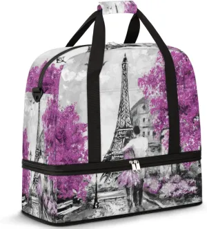 Travel Duffel Bag France Paris Eiffel Tower Sport Gym Bag for Woman Man,Waterproof Foldable Weekend Overnight Bag for Yoga Workout Training with Shoe Compartment