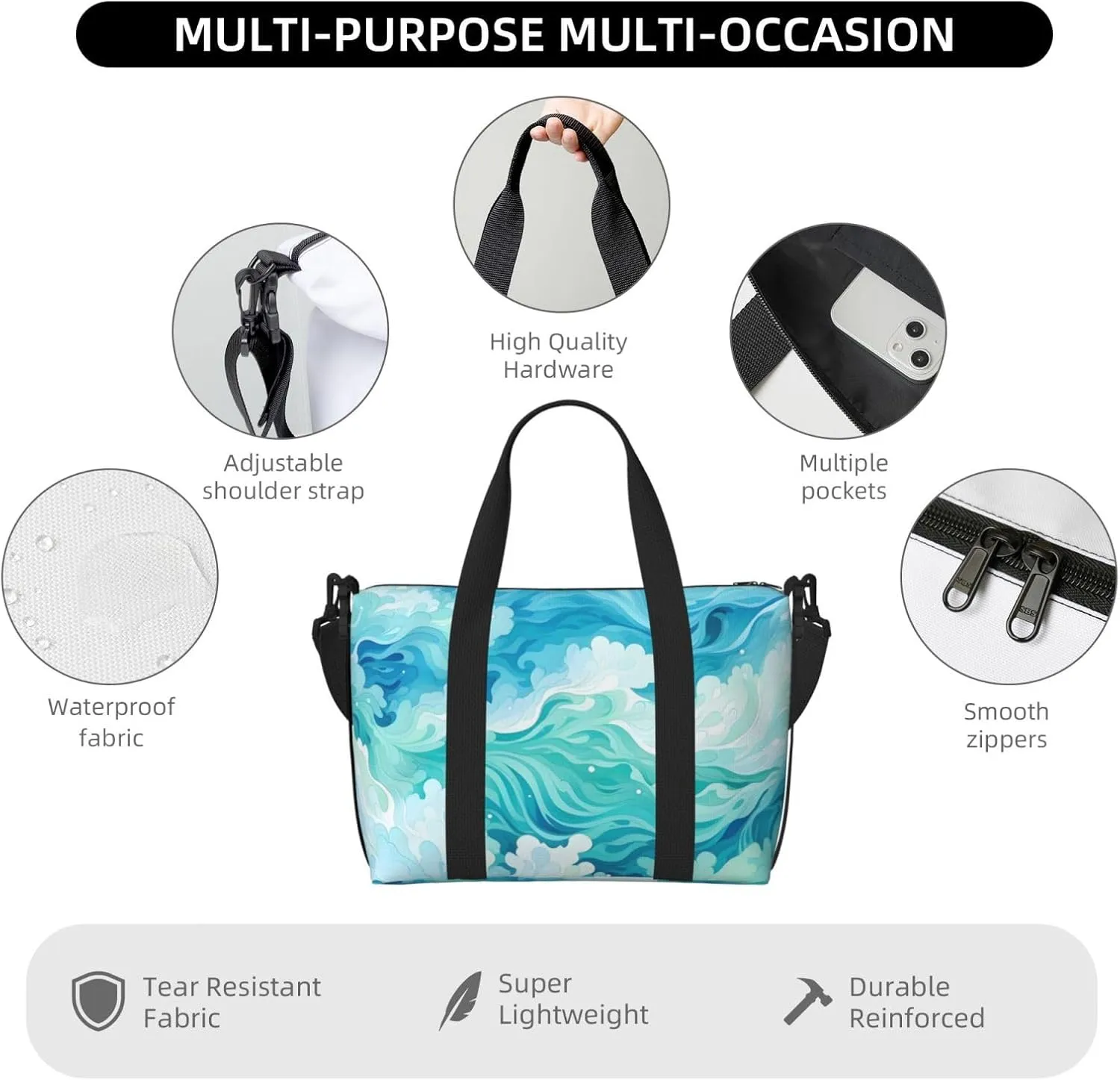 Travel Duffle Bag Sea Teal Wave Weekender Overnight Bags Luggage Bag for Women Men Waterproof Sports Gym Bag Hand Bag with Shoulder Strap