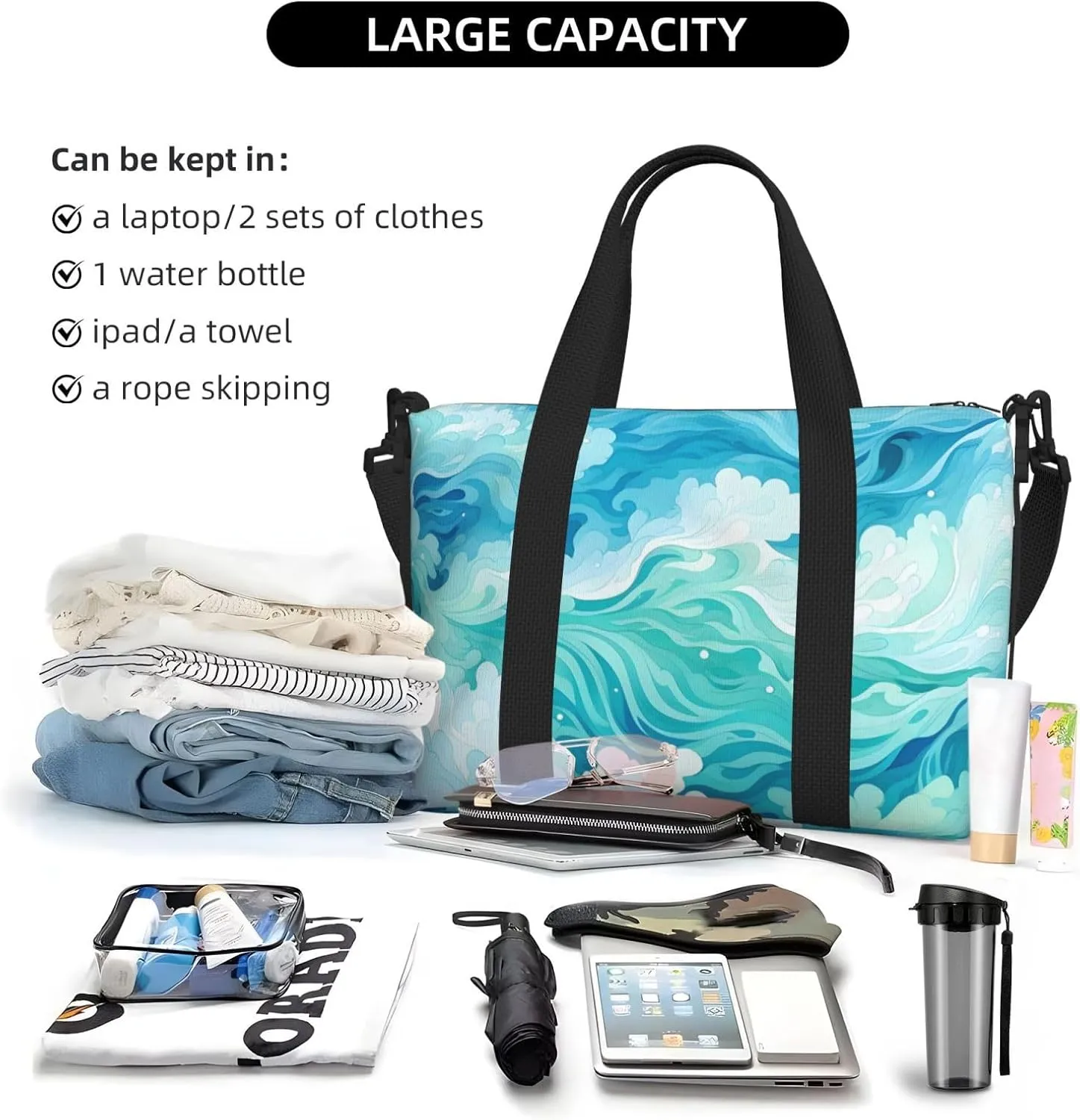 Travel Duffle Bag Sea Teal Wave Weekender Overnight Bags Luggage Bag for Women Men Waterproof Sports Gym Bag Hand Bag with Shoulder Strap