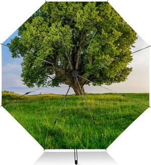 Travel Umbrella for Rain Windproof Scenic landscape sunset an two trees at summer evening Automatic Cute Portable Compact Umbrella for Women Purse Backpack Car Black Sun UV Protection