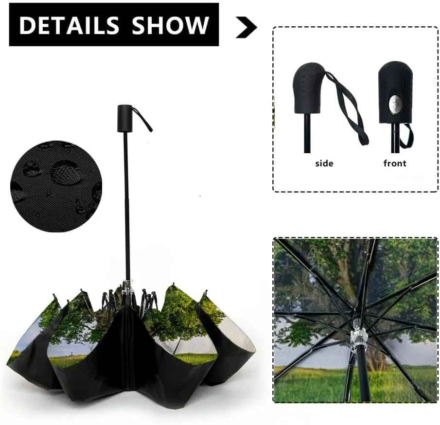 Travel Umbrella for Rain Windproof Scenic landscape sunset an two trees at summer evening Automatic Cute Portable Compact Umbrella for Women Purse Backpack Car Black Sun UV Protection