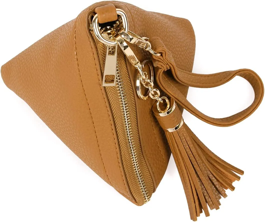 Triangle Vegan Leather Wristlet Clutch Purse Handbag - Pyramid Evening Cocktail Pouch Wallet Detachable Strap & Tassel Charm