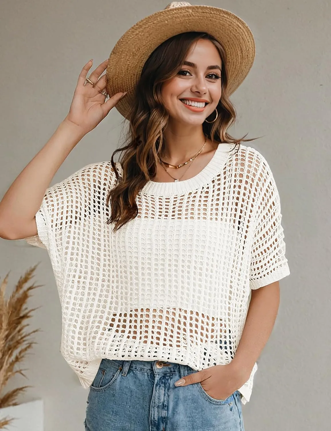 UEU Womens Summer Tops Crochet Short Sleeve Mesh Knit Sweater Shirts Beach Swimsuit Swim Cover Ups 2025 Trendy Outfits