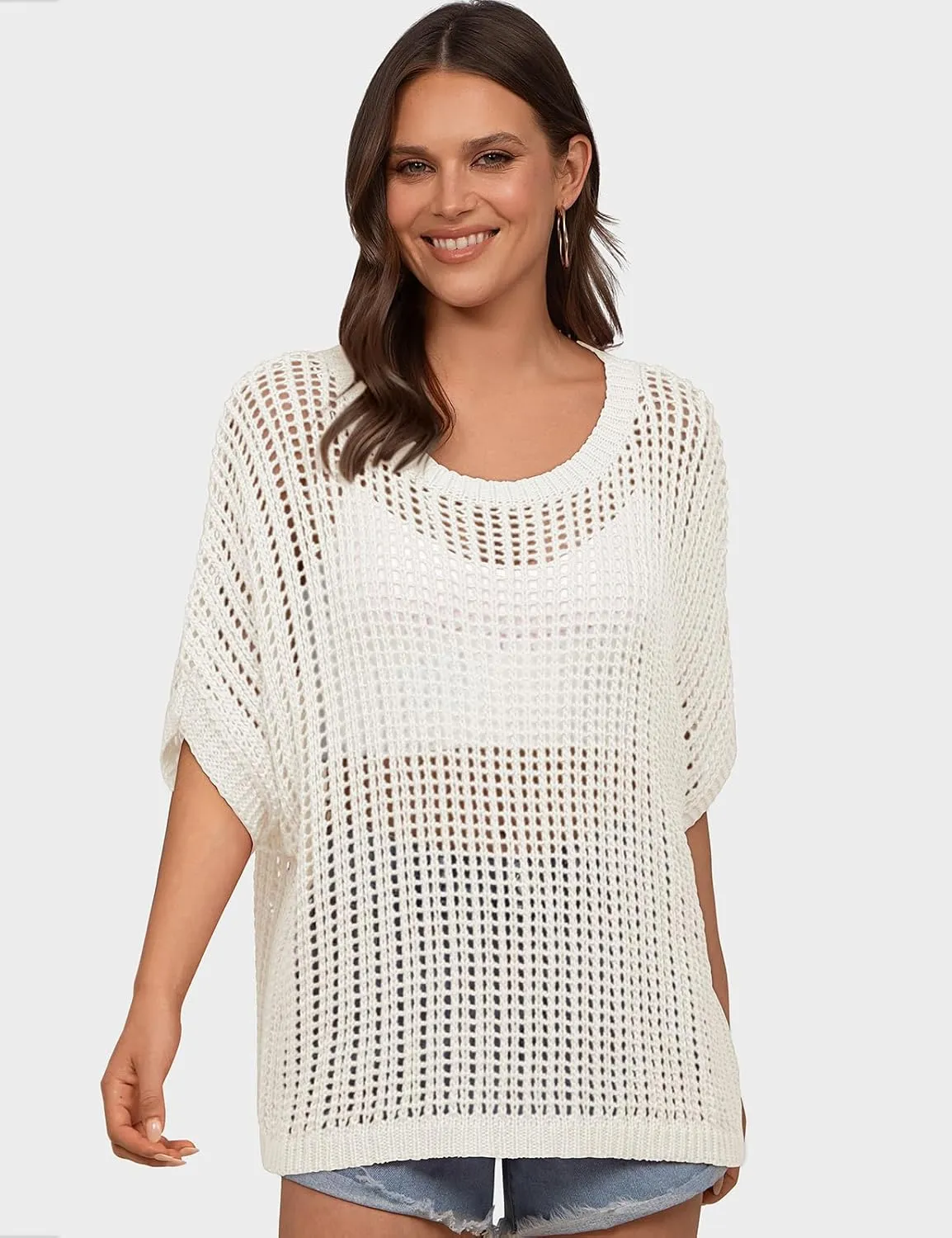 UEU Womens Summer Tops Crochet Short Sleeve Mesh Knit Sweater Shirts Beach Swimsuit Swim Cover Ups 2025 Trendy Outfits
