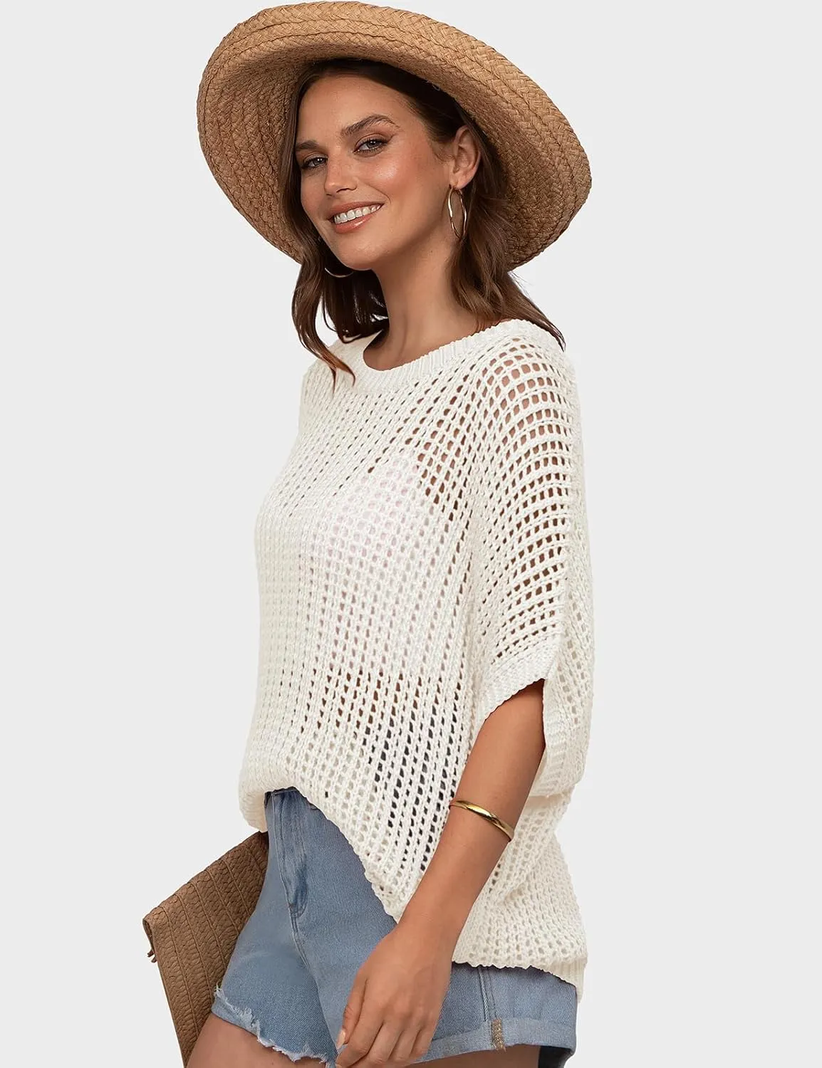 UEU Womens Summer Tops Crochet Short Sleeve Mesh Knit Sweater Shirts Beach Swimsuit Swim Cover Ups 2025 Trendy Outfits