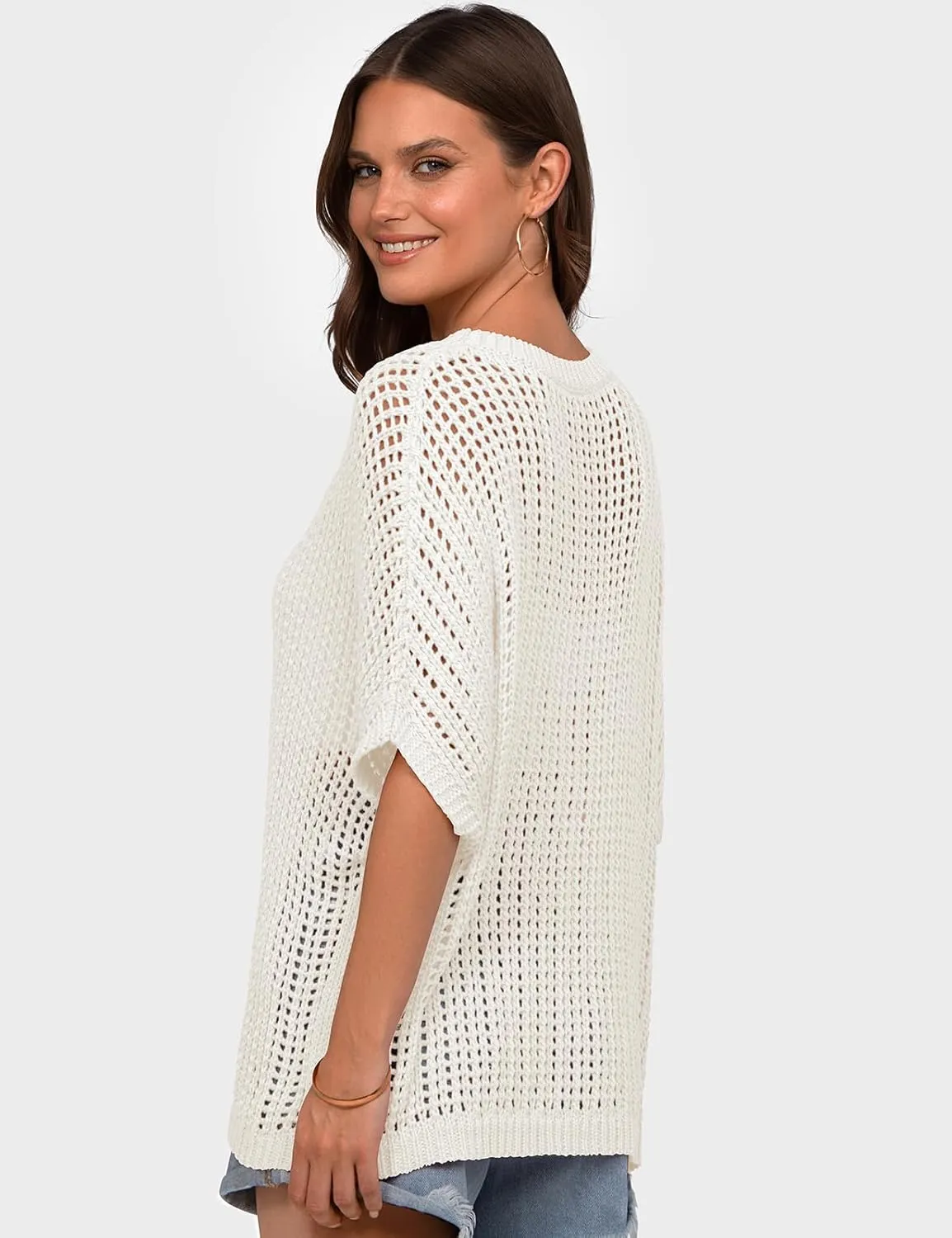 UEU Womens Summer Tops Crochet Short Sleeve Mesh Knit Sweater Shirts Beach Swimsuit Swim Cover Ups 2025 Trendy Outfits