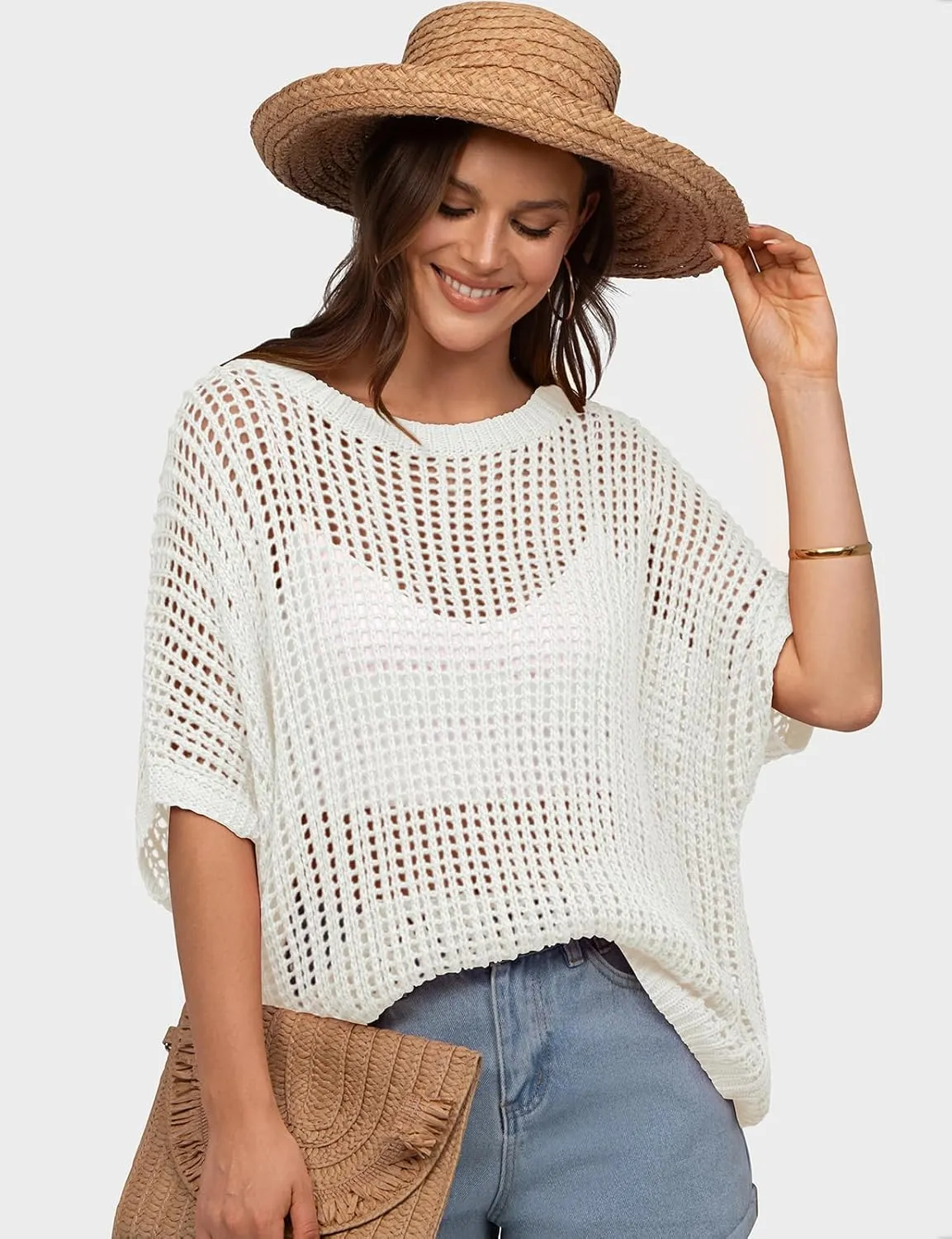 UEU Womens Summer Tops Crochet Short Sleeve Mesh Knit Sweater Shirts Beach Swimsuit Swim Cover Ups 2025 Trendy Outfits