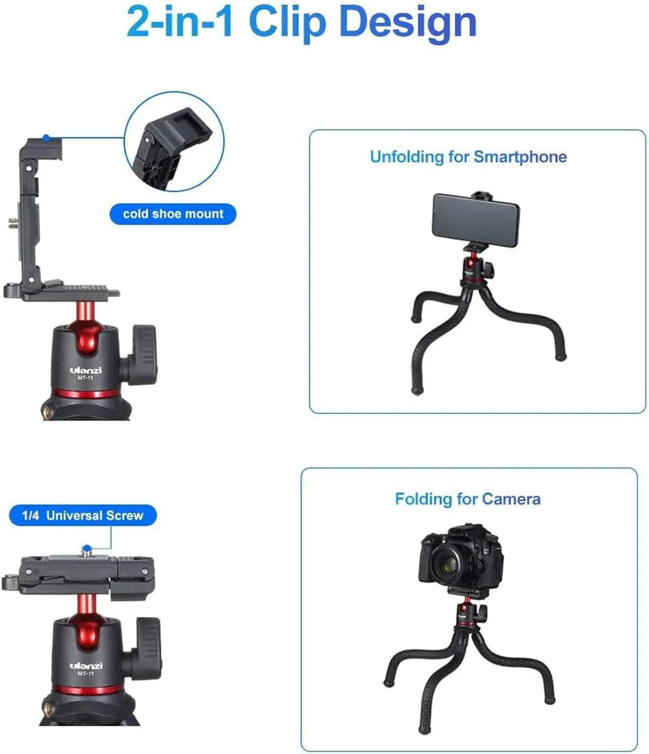ULANZI Camera Tripod, Mini Flexible Stand with Hidden Phone Holder w Cold Shoe Mount, 1/4'' Screw for Magic Arm, Universal for iPhone 16 15 14 Pro Max XS Max X 8 Samsung Canon Nikon Sony Cameras