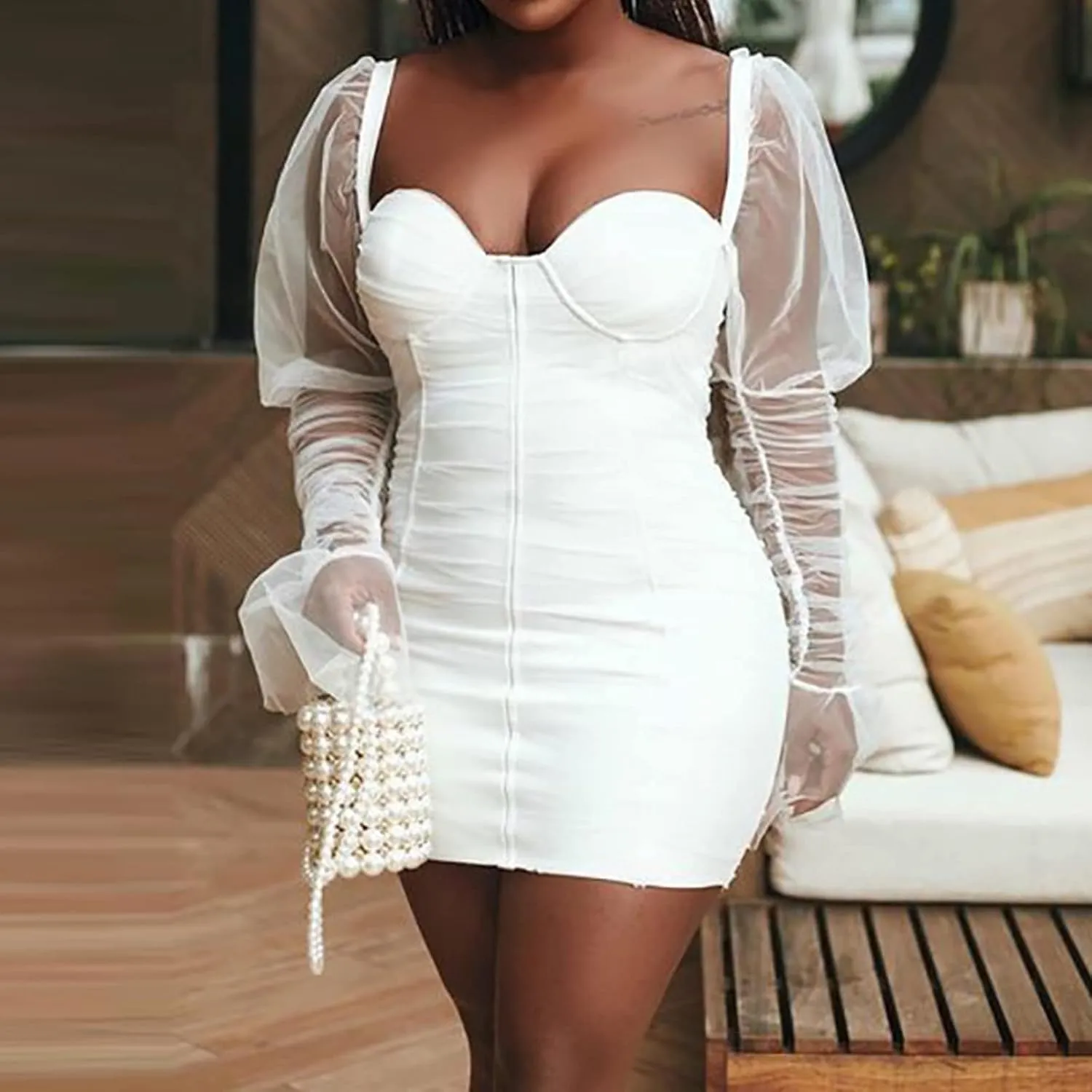 Uni Clau Women Sexy Mesh Sheer Puff Long Sleeve Mini Dress Bodycon Deep V Neck Patchwork Party Clubwear Dress