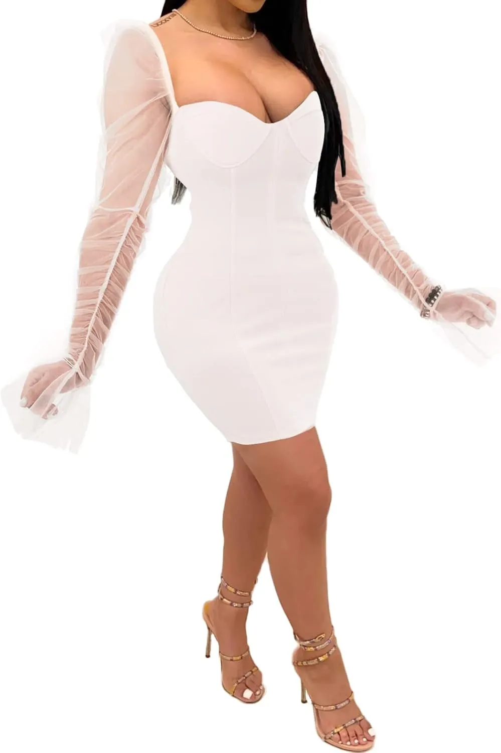 Uni Clau Women Sexy Mesh Sheer Puff Long Sleeve Mini Dress Bodycon Deep V Neck Patchwork Party Clubwear Dress