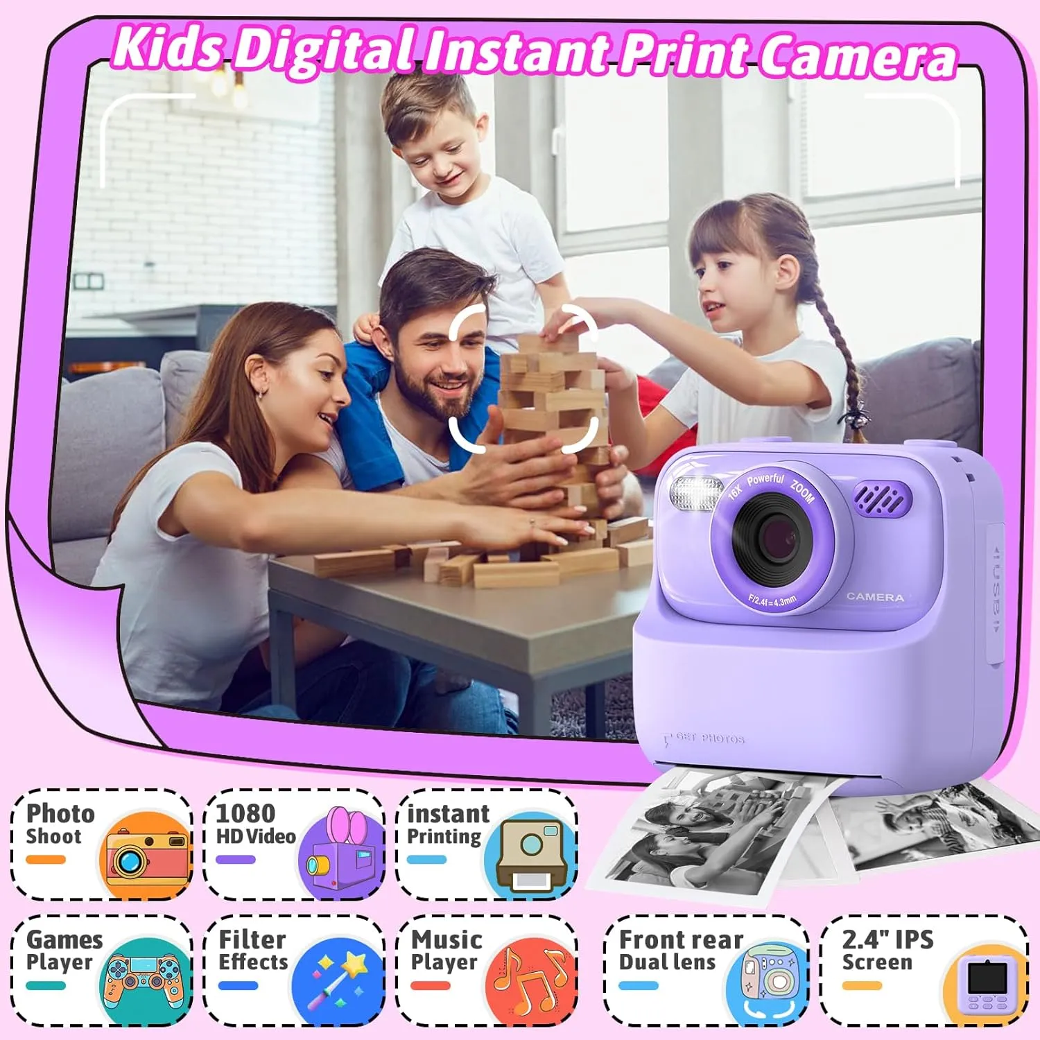 Upgrade Kids Camera Instant Print for Boys and Girls, 1080P HD Dual-Lens Selfie Digital Camera with Print Paper & 32G Card, Christmas Birthday Gifts Toys for Toddler and Teenagers Age 3-16 Years Old