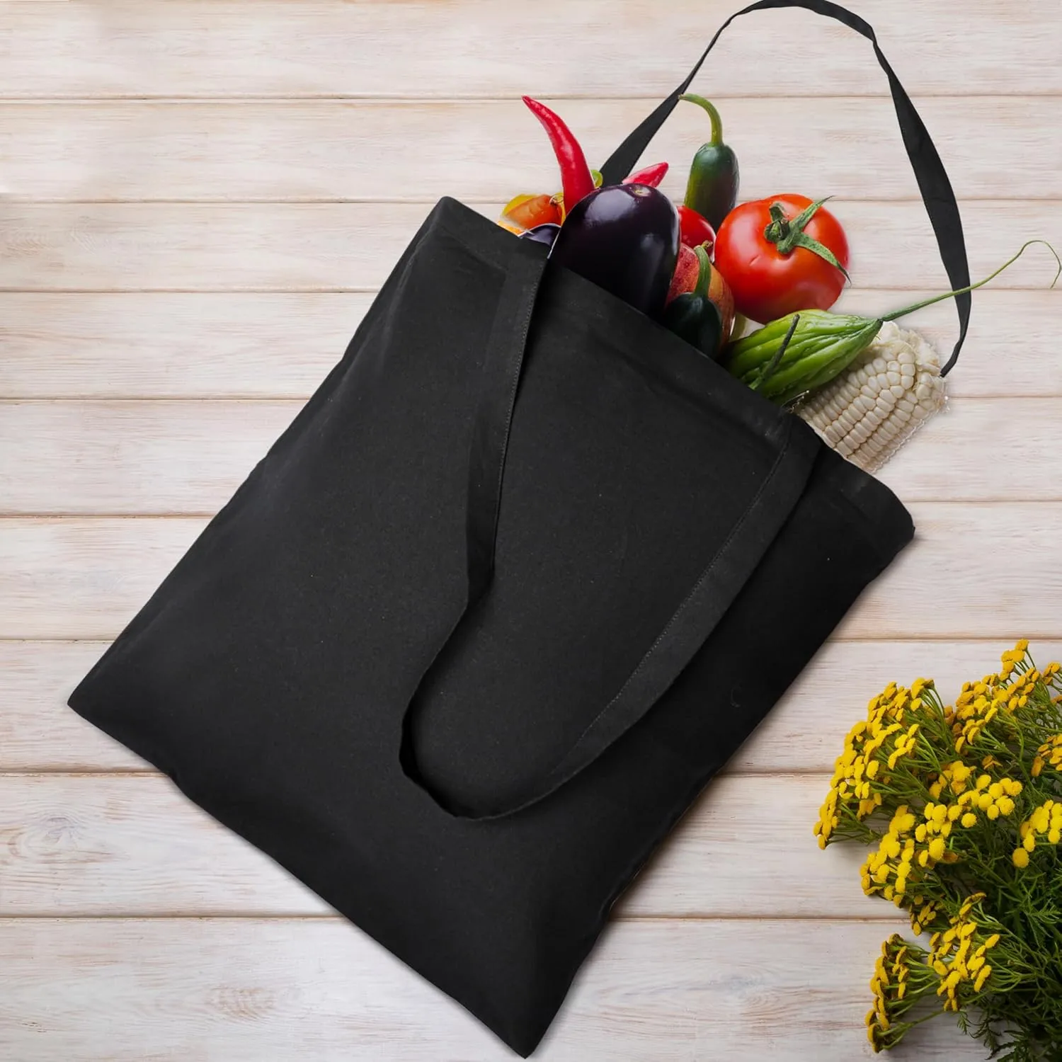 Urban Villa 6 Pack Reusable Grocery Bags 15’’x16’’ with 27’’ long Handle Black Color 100% Cotton Tote Bags Medium Weight Grocery Shopping Cloth Bags Great Choice for Promotion Gift DIY Advertising
