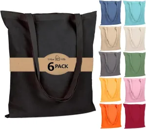 Urban Villa 6 Pack Reusable Grocery Bags 15’’x16’’ with 27’’ long Handle Black Color 100% Cotton Tote Bags Medium Weight Grocery Shopping Cloth Bags Great Choice for Promotion Gift DIY Advertising