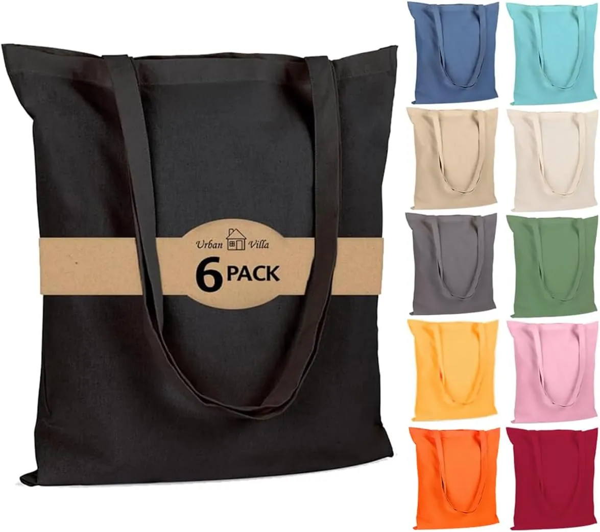 Urban Villa 6 Pack Reusable Grocery Bags 15’’x16’’ with 27’’ long Handle Black Color 100% Cotton Tote Bags Medium Weight Grocery Shopping Cloth Bags Great Choice for Promotion Gift DIY Advertising