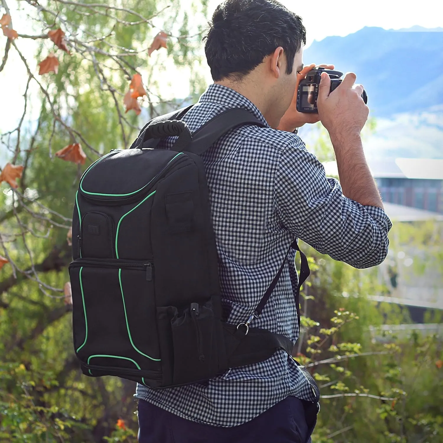 USA Gear Camera Backpack for Photographers DSLR/SLR/Mirrorless Photography Camera Bag with Laptop Compartment, Waterproof Rain Cover & Tripod Holder, Compatible with Canon/Nikon/Sony (Green)