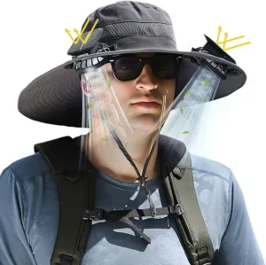 USB Rechargeable Cooling Fan Hat for Men, 2 Ultra Quiet Fans & Detachable Battery Pack, Wide Brim UPF 50  Sun Hat for Fishing Outdoor (Grey)