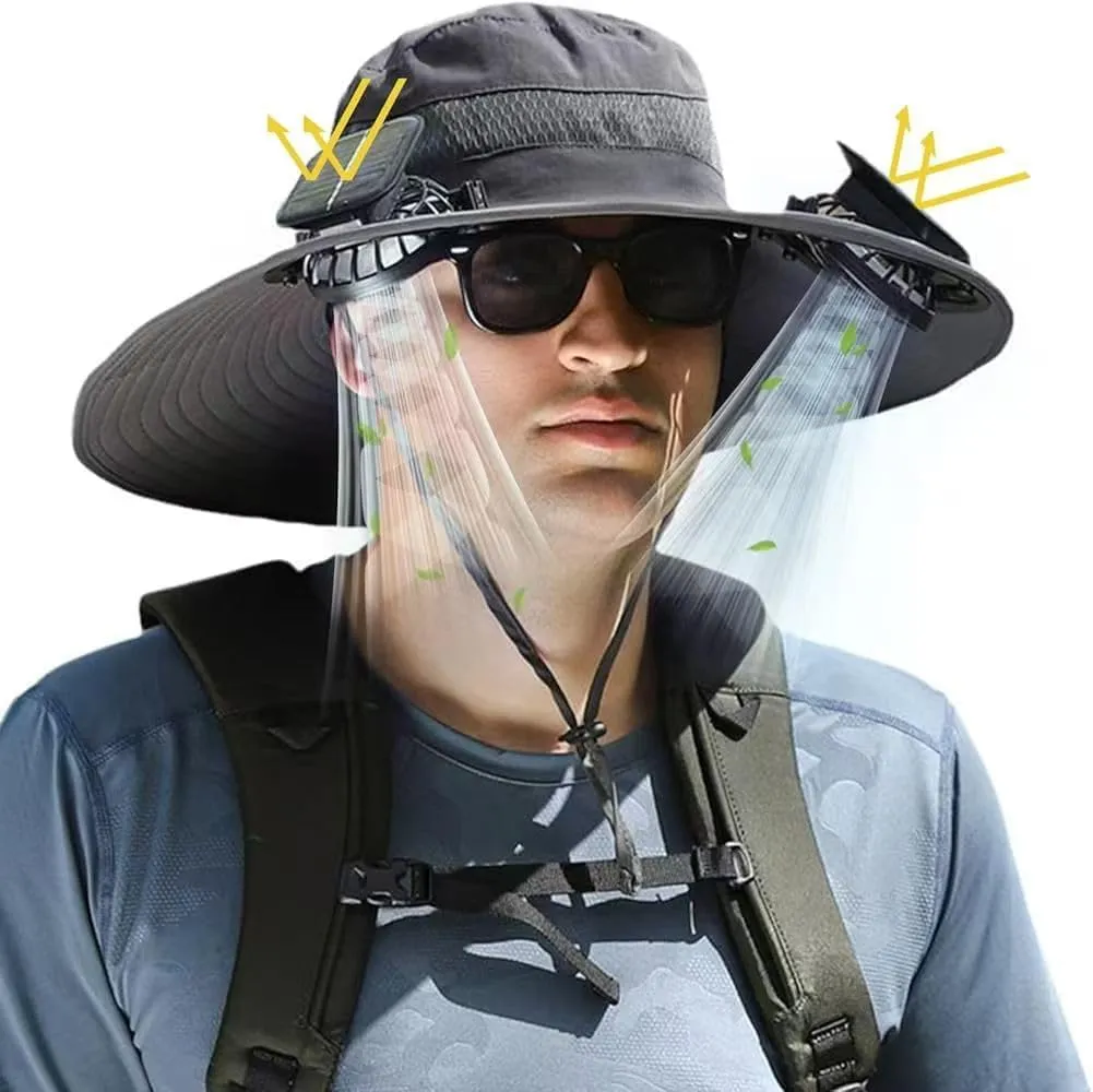 USB Rechargeable Cooling Fan Hat for Men, 2 Ultra Quiet Fans & Detachable Battery Pack, Wide Brim UPF 50  Sun Hat for Fishing Outdoor (Grey)