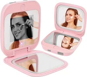 UV Camera Mirror for Sunscreen Test & SPF Detection, 1x/2x Magnifying Travel Mirror with Dimmable LED Lights, Handheld 2-Sided Portable Makeup Mirror for Handbag/Pocket,Pink