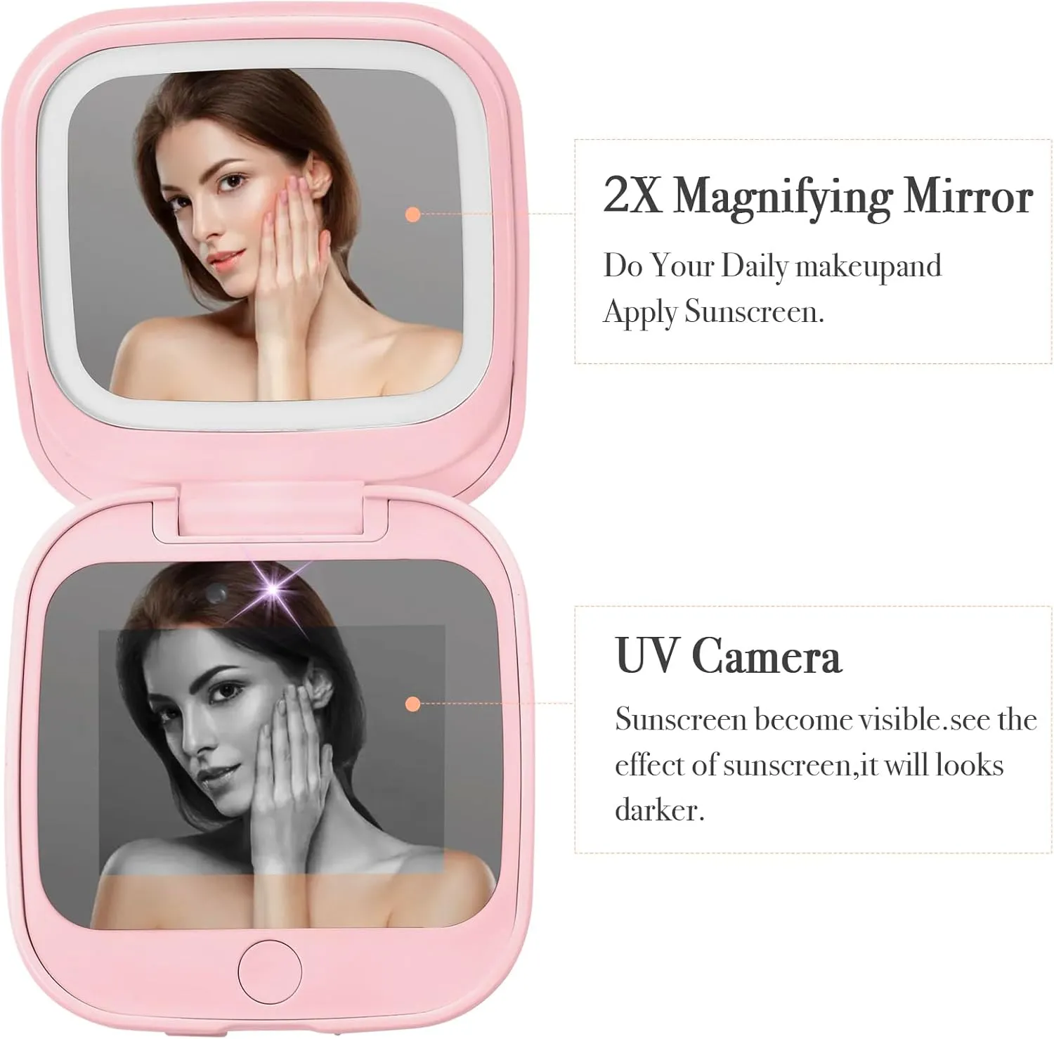 UV Camera Mirror for Sunscreen Test & SPF Detection, 1x/2x Magnifying Travel Mirror with Dimmable LED Lights, Handheld 2-Sided Portable Makeup Mirror for Handbag/Pocket,Pink