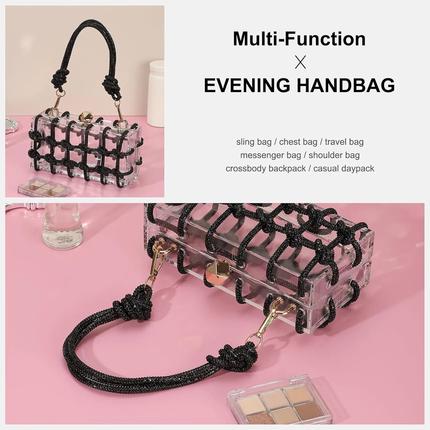 uxcell Evening Bags, Acrylic Clutch Purse Marbling Bag Wedding Prom Party, Black