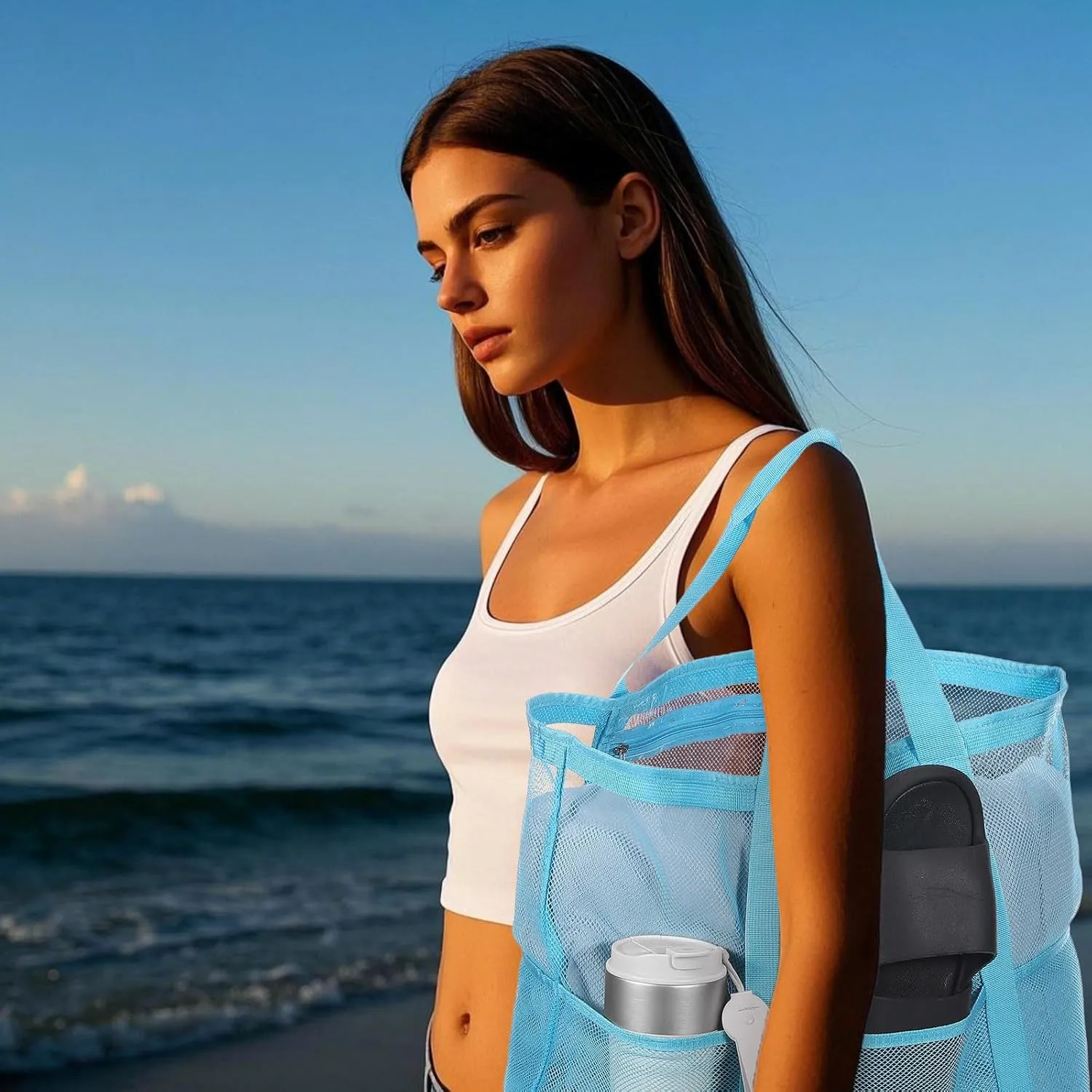 uxcell Mesh Beach Tote Bag, 1Pcs 17" x 13" x 5" Upgraded Beach Towel Bags, Waterproof Pool Bag for Beach Vacation and Travel Daily (Blue)