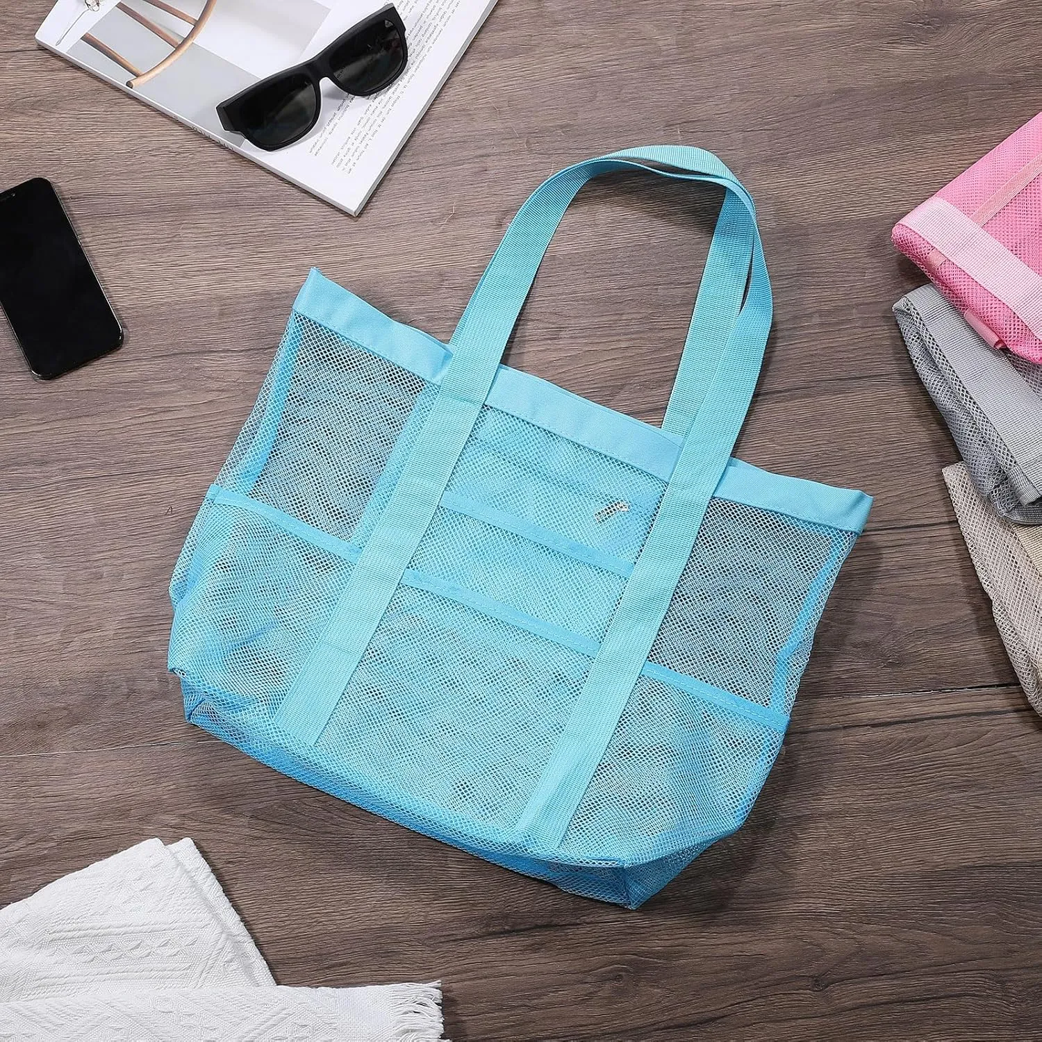 uxcell Mesh Beach Tote Bag, 1Pcs 17" x 13" x 5" Upgraded Beach Towel Bags, Waterproof Pool Bag for Beach Vacation and Travel Daily (Blue)