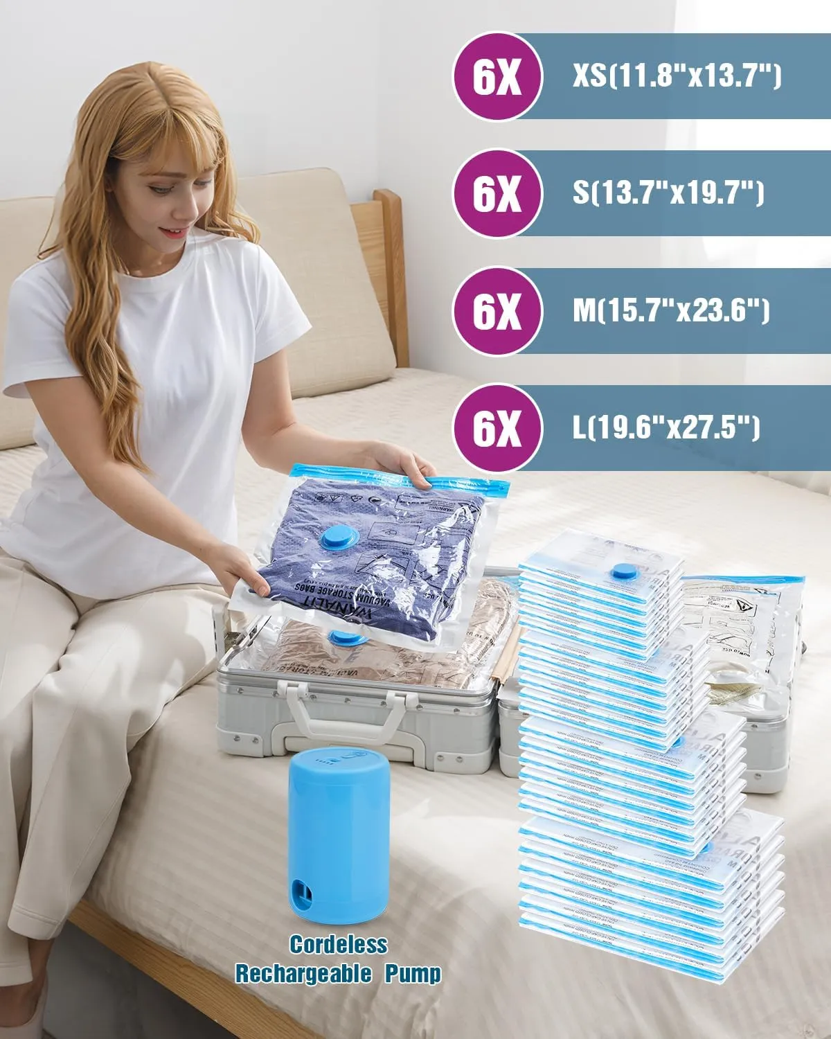 Vacuum Storage Bags for Travel, 24 Pack (6L 6M 6S 6XS) Vacuum Seal Bags with Wireless Rechargeable Electric Pump, Travel Essentials Space Saving Bag for Clothes, Luggage, Carry-on Suitcase, Backpack