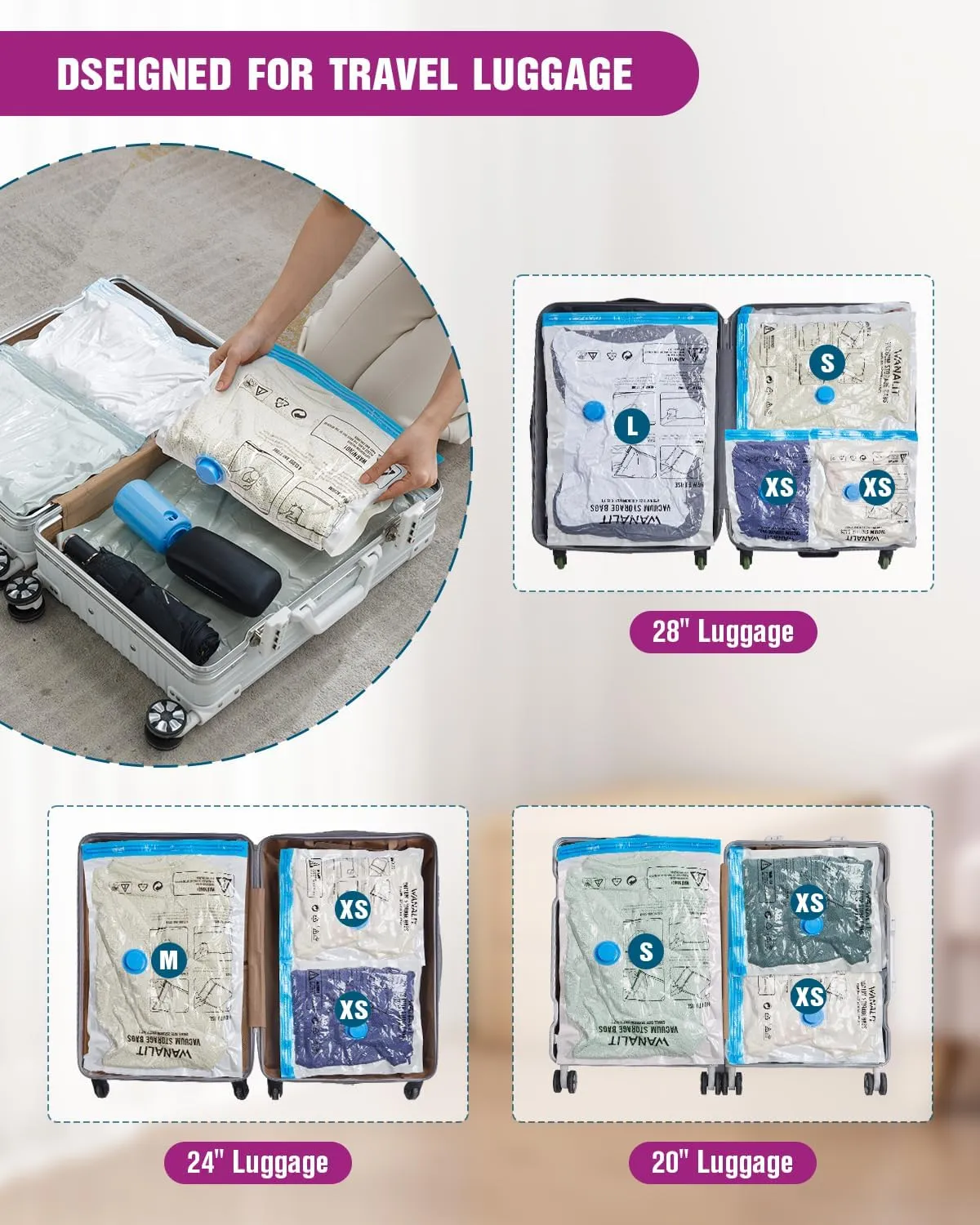 Vacuum Storage Bags for Travel, 24 Pack (6L 6M 6S 6XS) Vacuum Seal Bags with Wireless Rechargeable Electric Pump, Travel Essentials Space Saving Bag for Clothes, Luggage, Carry-on Suitcase, Backpack