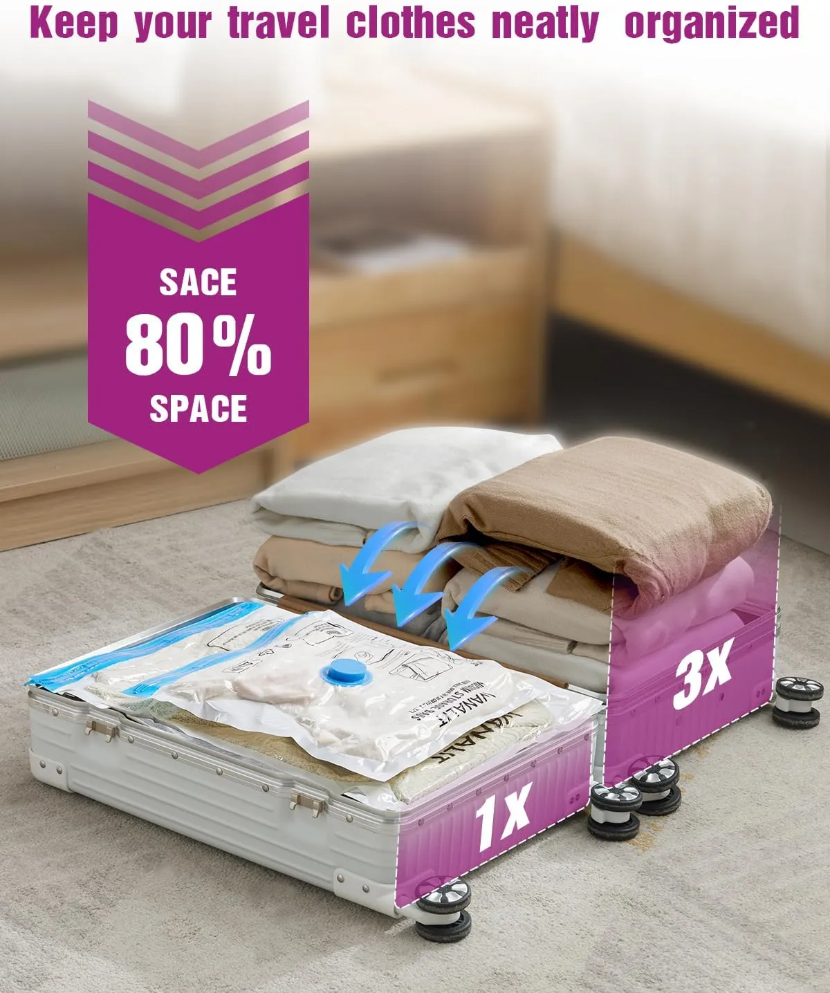 Vacuum Storage Bags for Travel, 24 Pack (6L 6M 6S 6XS) Vacuum Seal Bags with Wireless Rechargeable Electric Pump, Travel Essentials Space Saving Bag for Clothes, Luggage, Carry-on Suitcase, Backpack