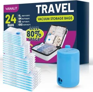 Vacuum Storage Bags for Travel, 24 Pack (6L 6M 6S 6XS) Vacuum Seal Bags with Wireless Rechargeable Electric Pump, Travel Essentials Space Saving Bag for Clothes, Luggage, Carry-on Suitcase, Backpack