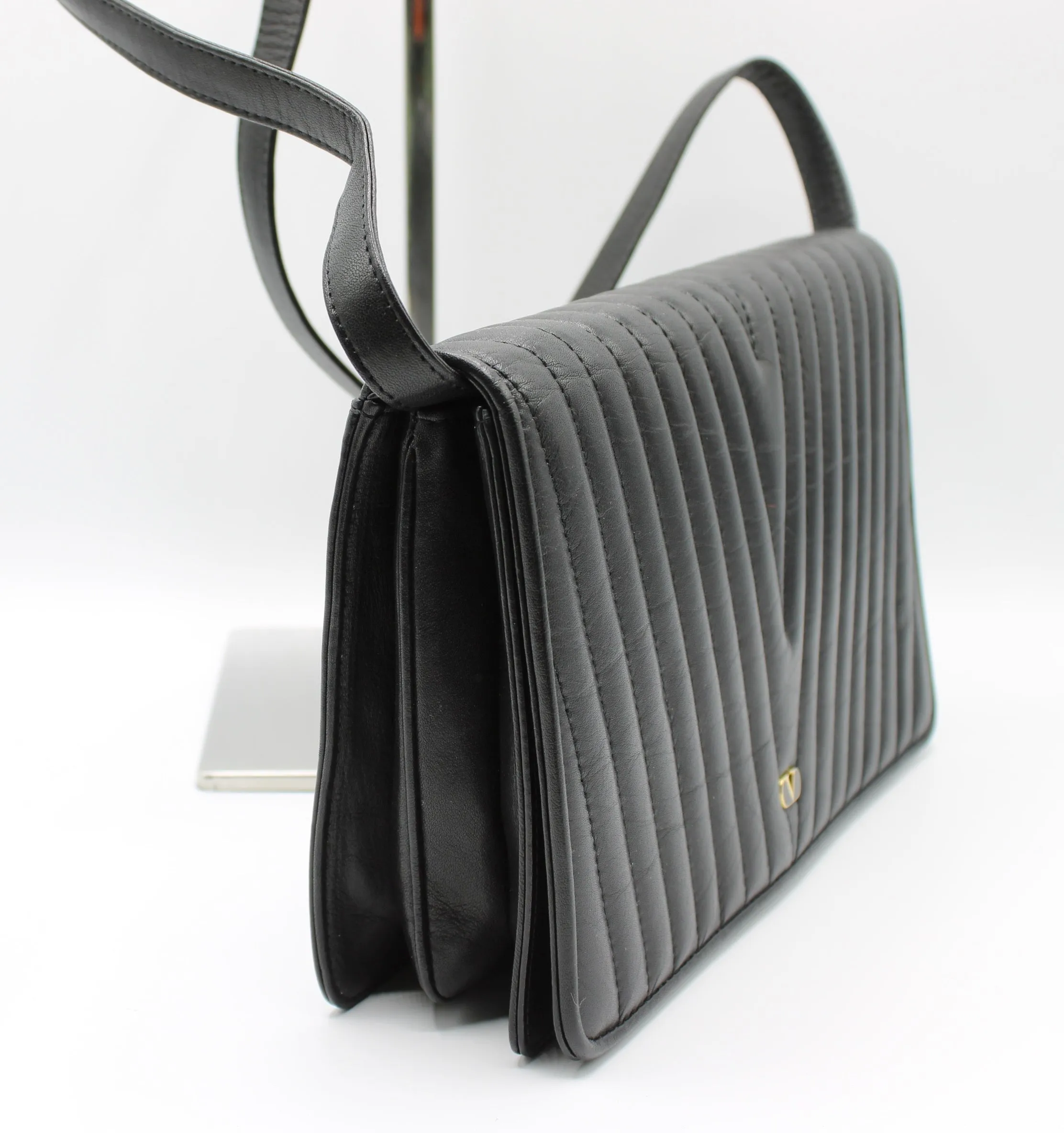 Valentino Bag Black Leather Crossbody Chevron Pattern V Logo Vintage
