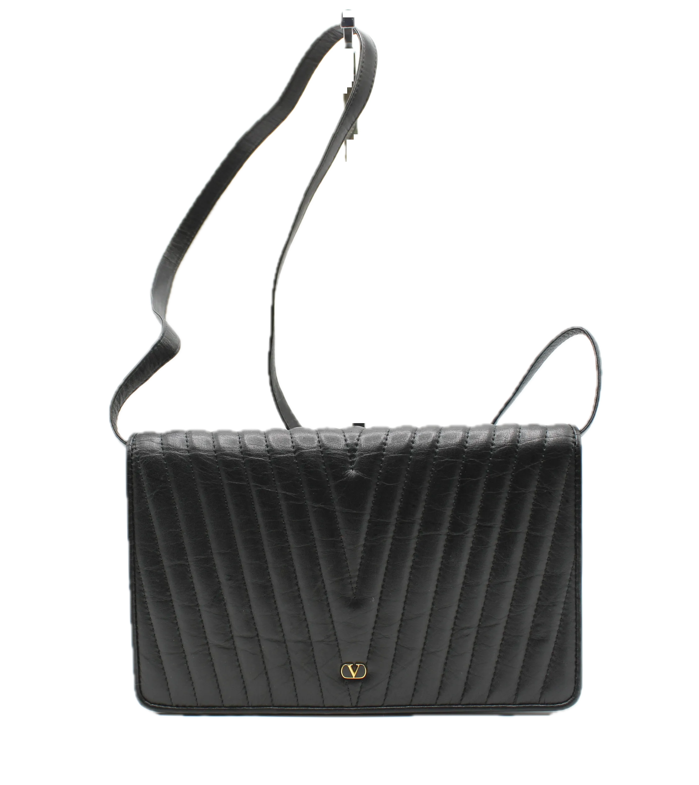 Valentino Bag Black Leather Crossbody Chevron Pattern V Logo Vintage