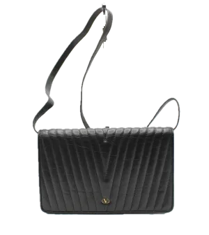 Valentino Bag Black Leather Crossbody Chevron Pattern V Logo Vintage
