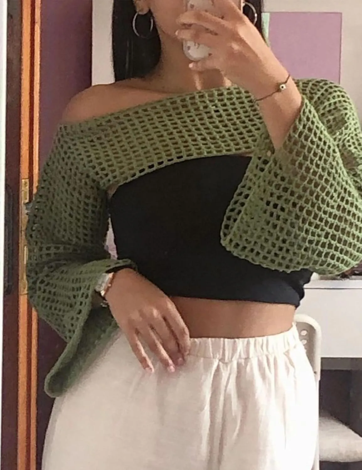 VAOYIU Women's Knit Crochet Crop Tops Long Sleeve Beach Cover Ups Hollow Out Off-Shoulder Y2K Pullover Sweater T-Shirt