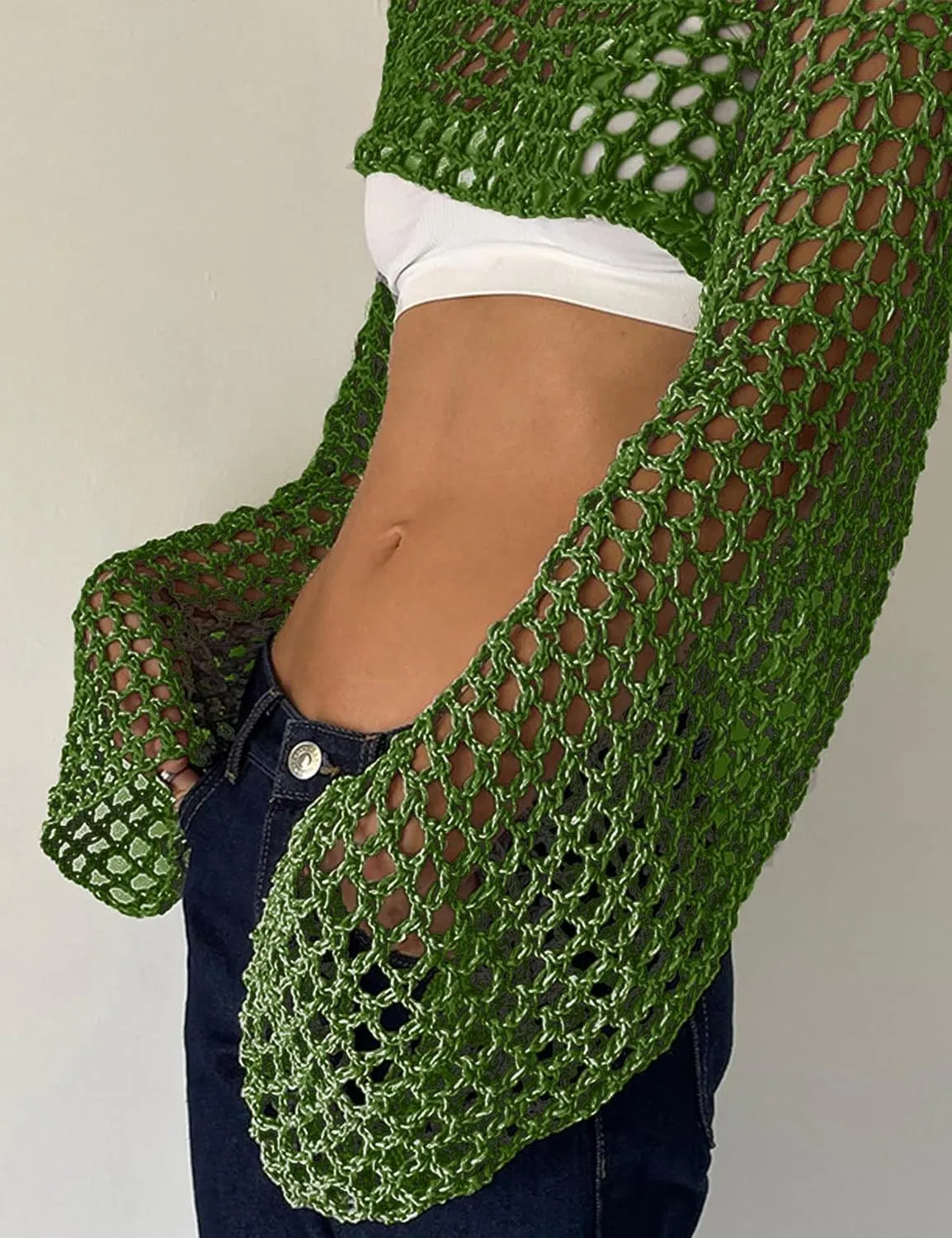 VAOYIU Women's Knit Crochet Crop Tops Long Sleeve Beach Cover Ups Hollow Out Off-Shoulder Y2K Pullover Sweater T-Shirt