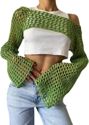 VAOYIU Women's Knit Crochet Crop Tops Long Sleeve Beach Cover Ups Hollow Out Off-Shoulder Y2K Pullover Sweater T-Shirt