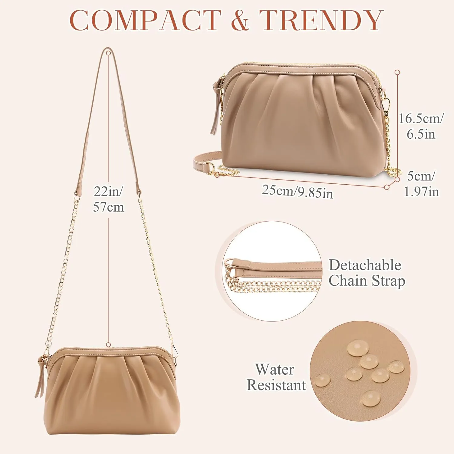 VASCHY Clutch Purse for Women,Fashion Ruched Vegan Leather Small Formal Evening Handbag Crossbody Shoulder Bag Wedding,Party