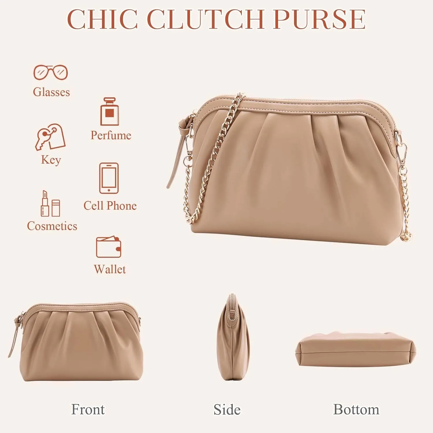 VASCHY Clutch Purse for Women,Fashion Ruched Vegan Leather Small Formal Evening Handbag Crossbody Shoulder Bag Wedding,Party