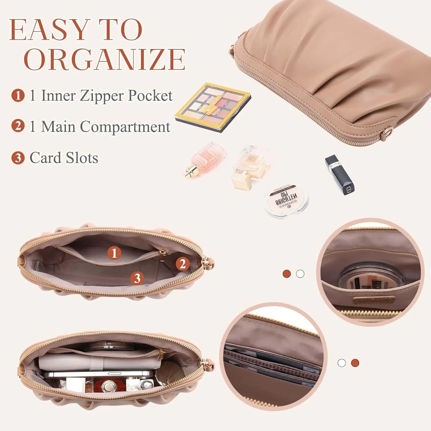 VASCHY Clutch Purse for Women,Fashion Ruched Vegan Leather Small Formal Evening Handbag Crossbody Shoulder Bag Wedding,Party
