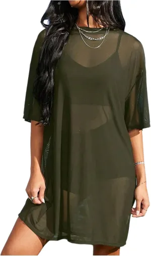 Verdusa Women's Sheer Mesh Dress Loose See Through Half Sleeve Beach Cover Up
