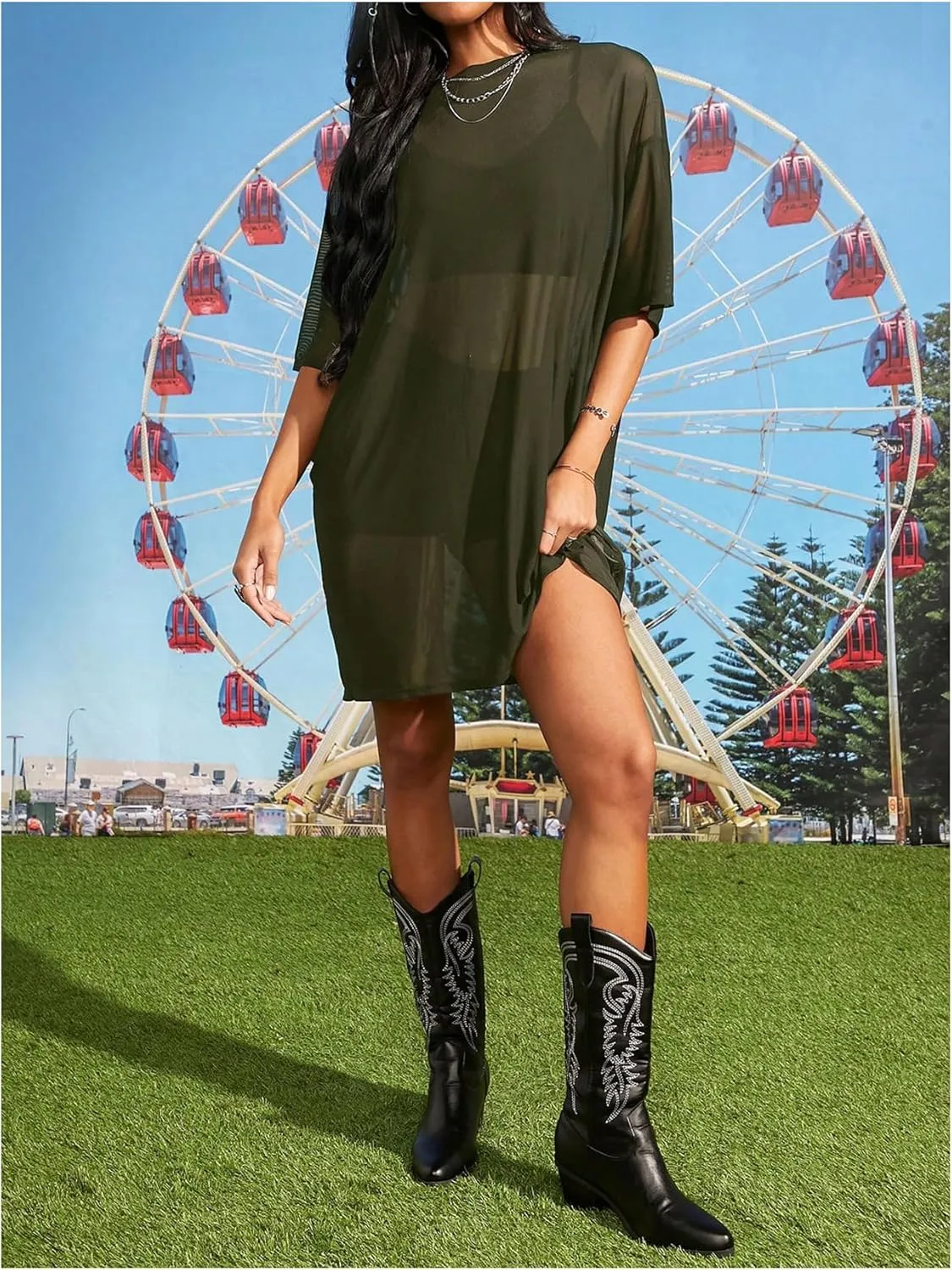 Verdusa Women's Sheer Mesh Dress Loose See Through Half Sleeve Beach Cover Up