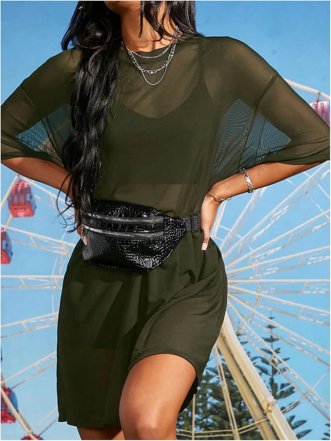 Verdusa Women's Sheer Mesh Dress Loose See Through Half Sleeve Beach Cover Up