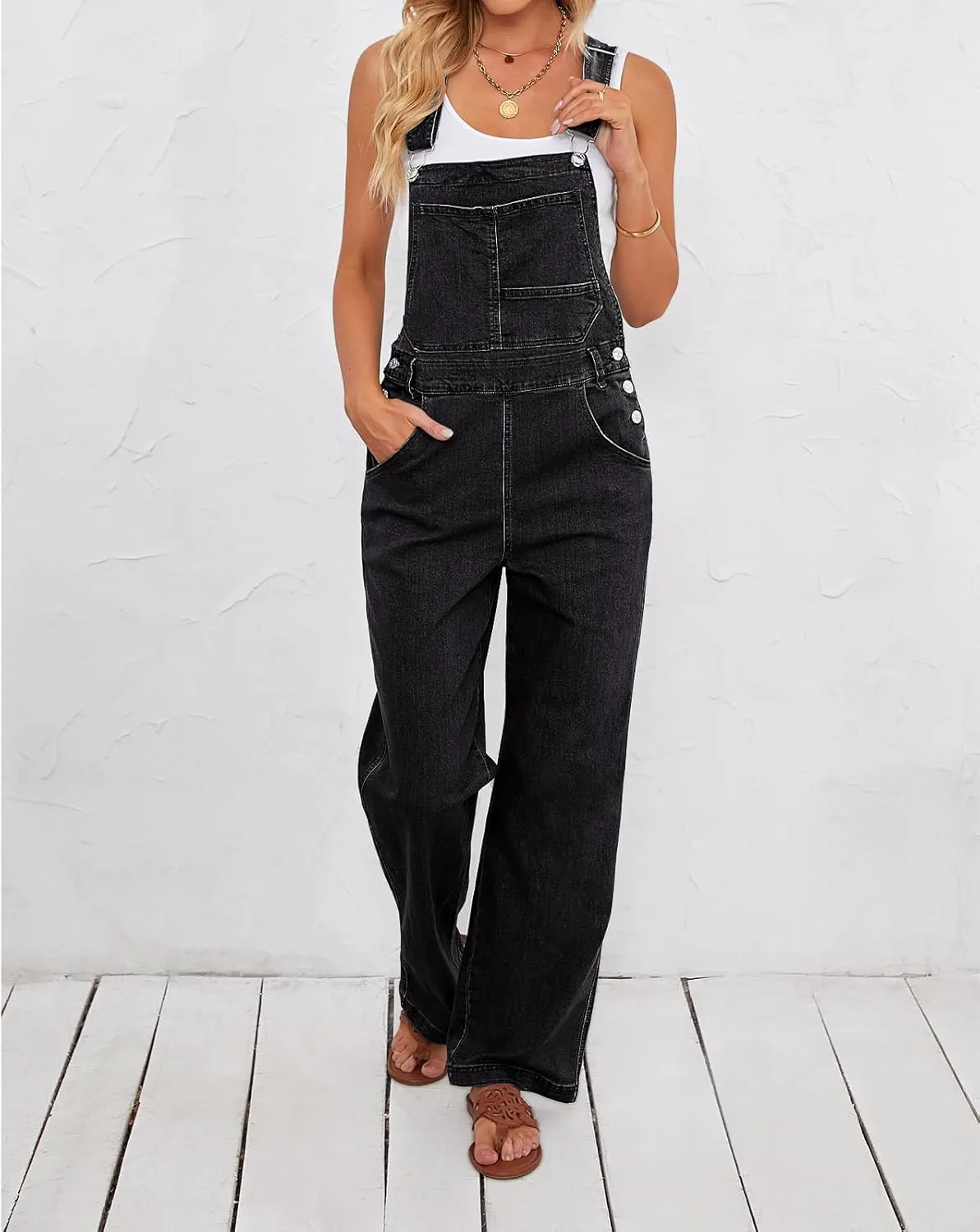 Vetinee Jean Overalls for Women Loose Fit Stretchy Denim Jumpsuit Baggy Bib Casual Straight Leg Pocket Dungaree Overall