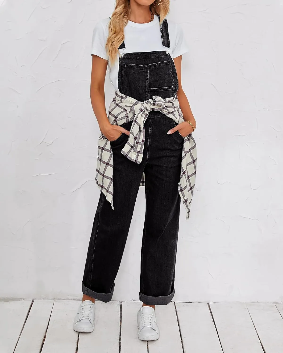 Vetinee Jean Overalls for Women Loose Fit Stretchy Denim Jumpsuit Baggy Bib Casual Straight Leg Pocket Dungaree Overall