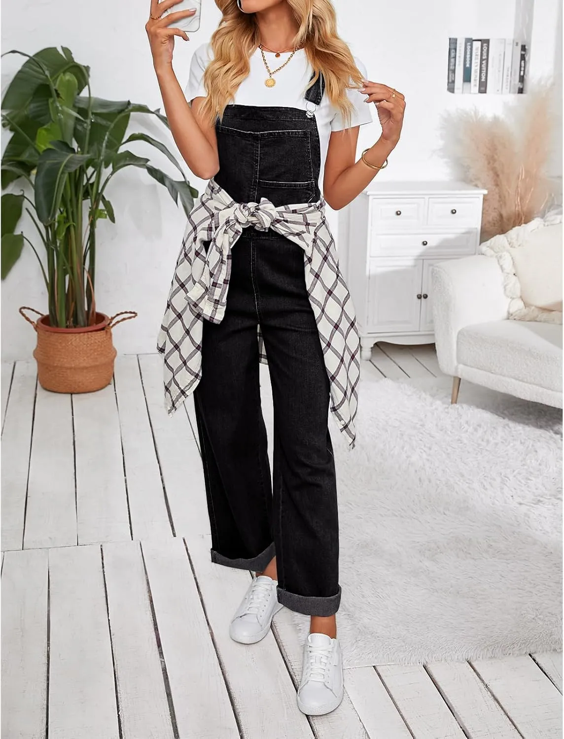 Vetinee Jean Overalls for Women Loose Fit Stretchy Denim Jumpsuit Baggy Bib Casual Straight Leg Pocket Dungaree Overall