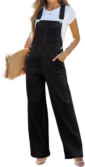 Vetinee Jean Overalls for Women Loose Fit Stretchy Denim Jumpsuit Baggy Bib Casual Straight Leg Pocket Dungaree Overall