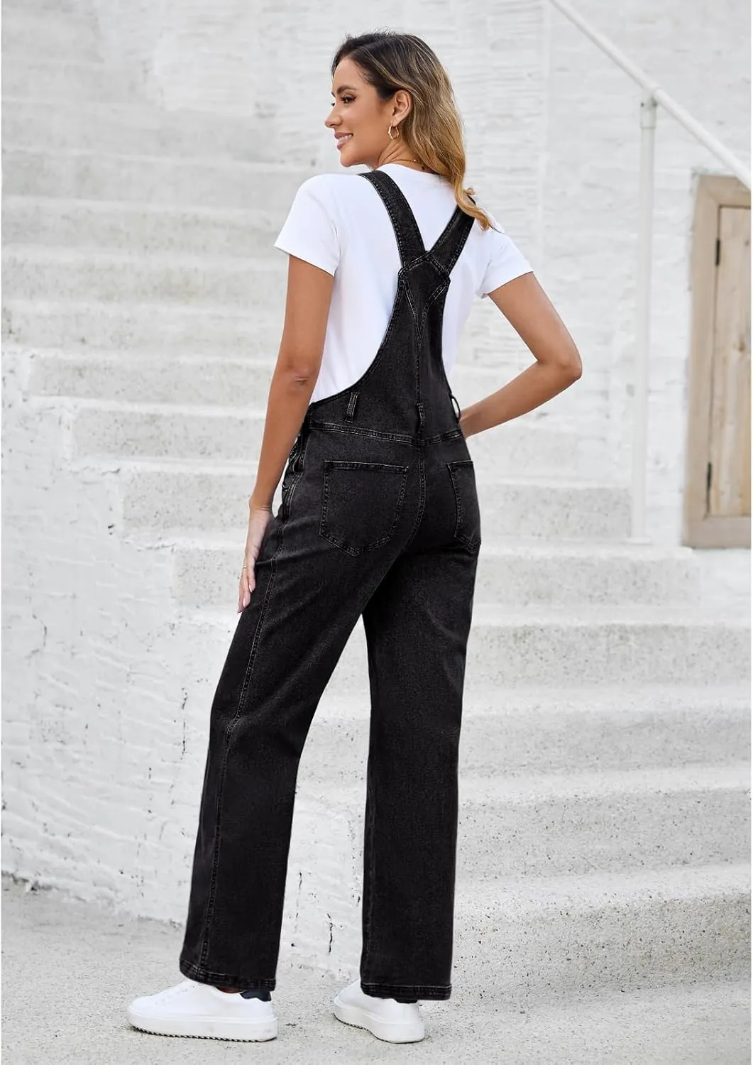 Vetinee Jean Overalls for Women Loose Fit Stretchy Denim Jumpsuit Baggy Bib Casual Straight Leg Pocket Dungaree Overall