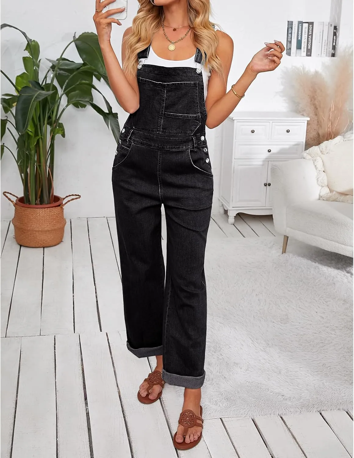 Vetinee Jean Overalls for Women Loose Fit Stretchy Denim Jumpsuit Baggy Bib Casual Straight Leg Pocket Dungaree Overall