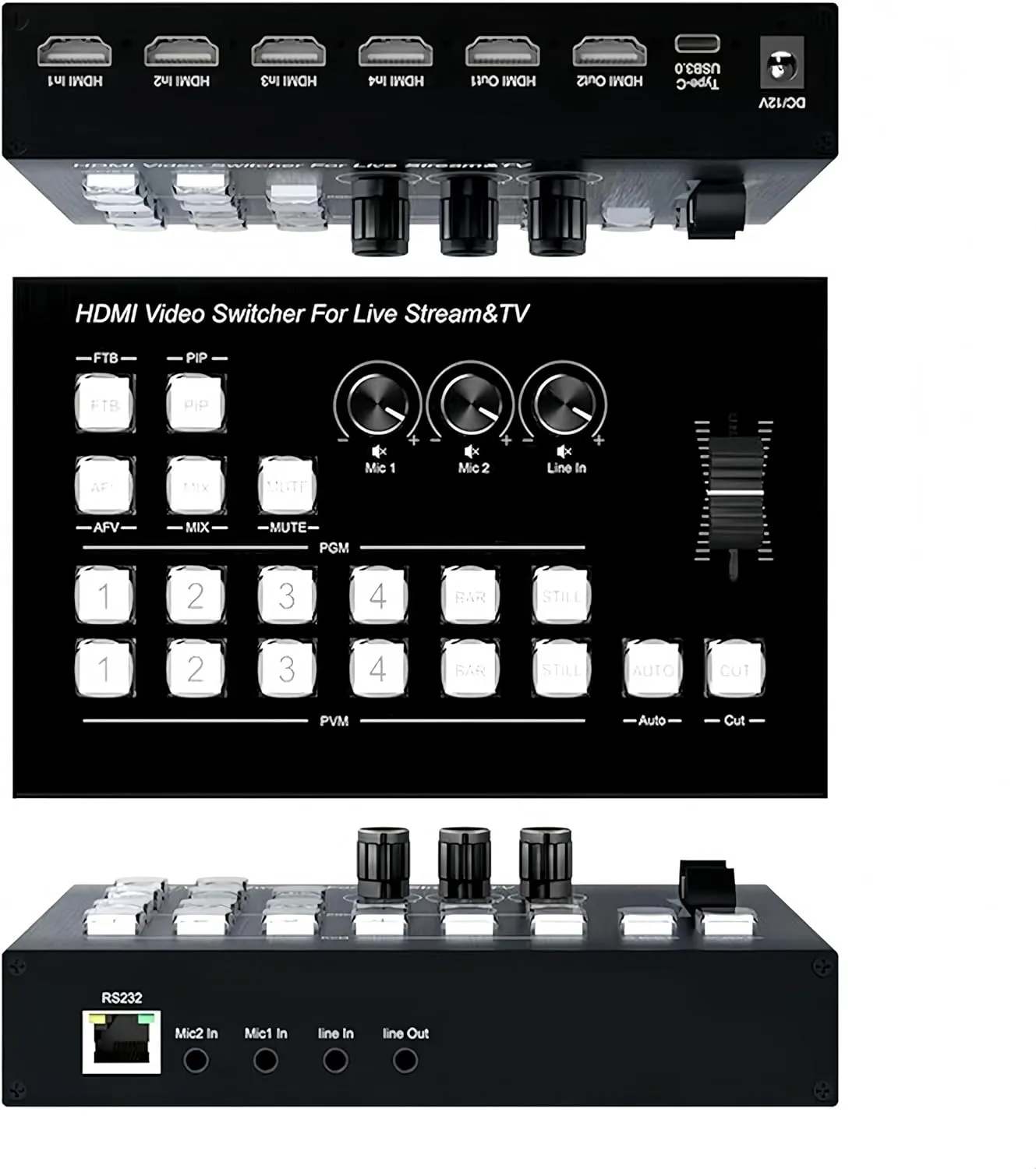 Video Mixer Switcher 4K 4HDMI Input 2HDMI Output Multi Camera Live Streaming Switcher 2MIC/LINE in/LiNE Out Audio Mixer,RS232 Type-C USB3.0 Capture Support PGM PVW PIP OSD 1080P HD Output etc