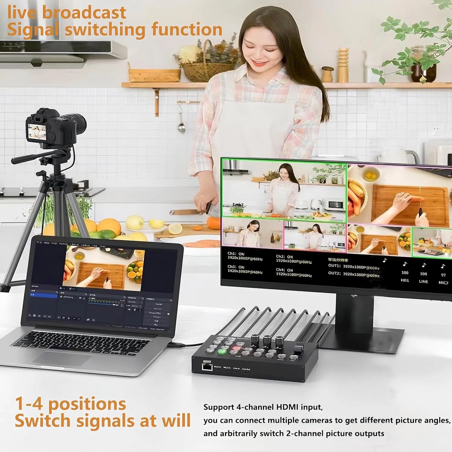 Video Mixer Switcher 4K 4HDMI Input 2HDMI Output Multi Camera Live Streaming Switcher 2MIC/LINE in/LiNE Out Audio Mixer,RS232 Type-C USB3.0 Capture Support PGM PVW PIP OSD 1080P HD Output etc